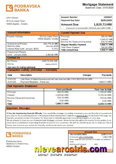Croatia Podravska Bank Mortgage Statement Scr Template