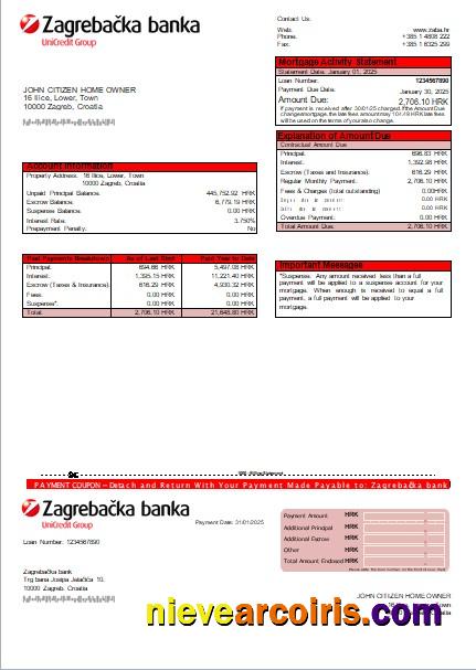 Croatia Zagrebačka Bank Mortgage Statement Scr Template