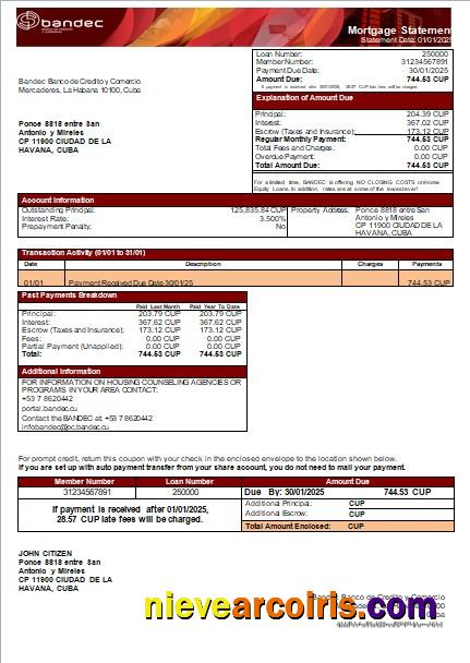 Cuba BANDEC Bank Mortgage Statement Scr Template