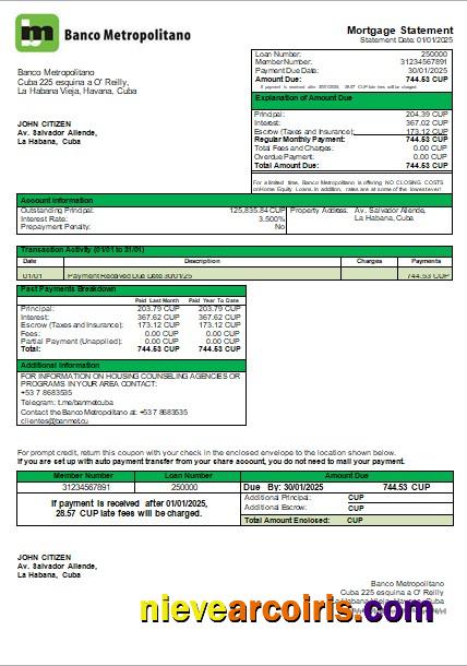 Cuba Banco Metropolitano Bank Mortgage Statement Scr Template