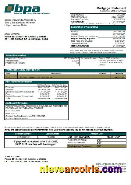 Cuba Banco Popular De Ahorro BPA Bank Mortgage Statement Scr Preview