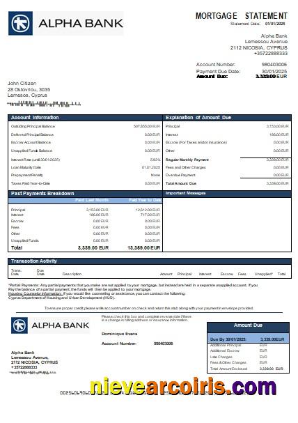Cyprus Alpha Bank Mortgage Statement Scr Sample