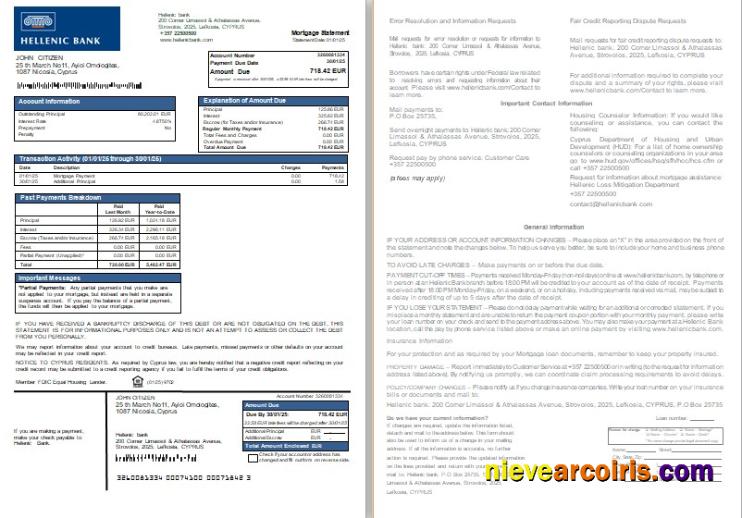 Cyprus Hellenic Bank Mortgage Statement, 2 Pages, 1 2 Scr Preview