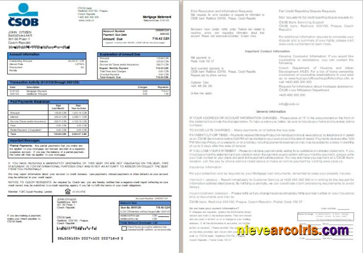 Czech ČSOB Bank Mortgage Statement, 2 Pages, 1 2 Scr Preview