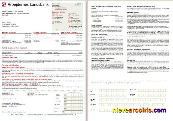 Denmark Arbejdernes Landsbank Bank Mortgage Statement, 2 Pages, 1 2 Scr Photolook