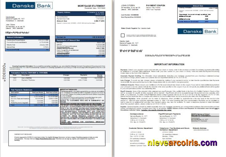 Denmark Danskebank Bank Mortgage Statement, 3 Pages, 1 2 Scr Photolook