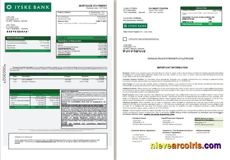 Denmark Jyske Bank Mortgage Statement, 3 Pages, 1 2 Scr Photolook
