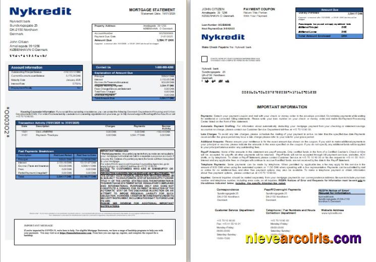 Denmark Nykredit Bank Mortgage Statement, 3 Pages, 1 2 Scr Sample