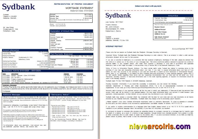 Denmark Sydbank Bank Mortgage Statement, 3 Pages, 1 2 Scr Template