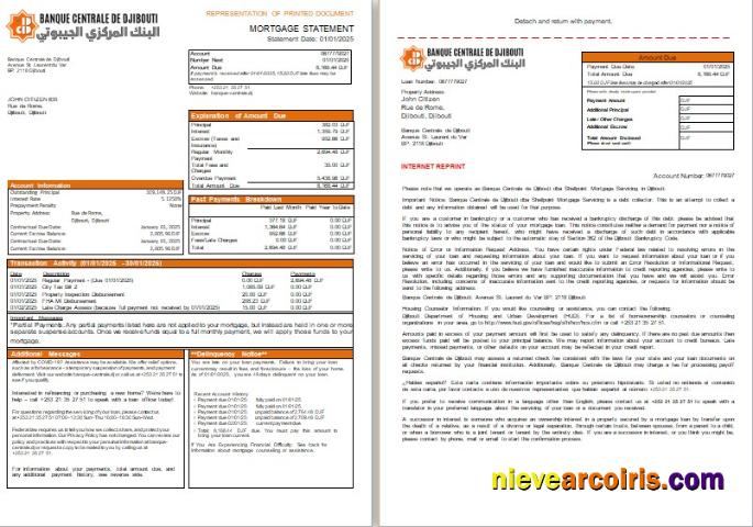 Djibouti Central Bank Of Djibouti Bank Mortgage Statement, 3 Pages, 1 2 Scr Photolook