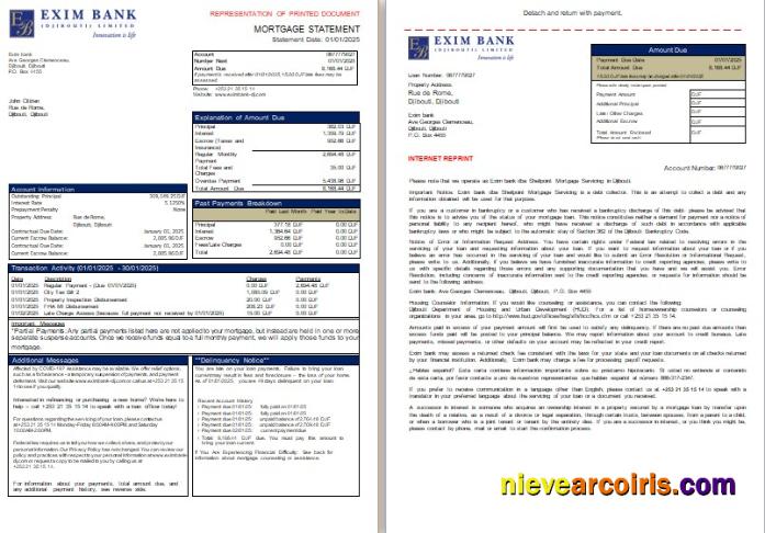 Djibouti Exim Bank Mortgage Statement, 3 Pages, 1 2 Scr Preview