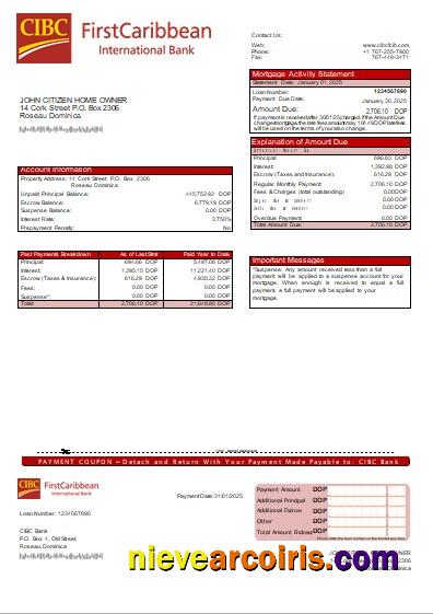 Dominica CIBC Bank Bank Mortgage Statement Scr Sample