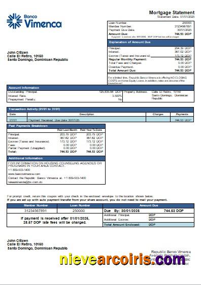 Dominican Republic Banco Vimenca Bank Mortgage Statement Scr Sample