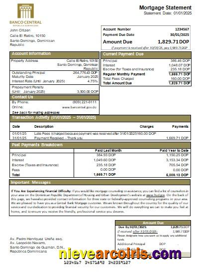 Dominican Republic Central Bank Bank Mortgage Statement Scr Sample