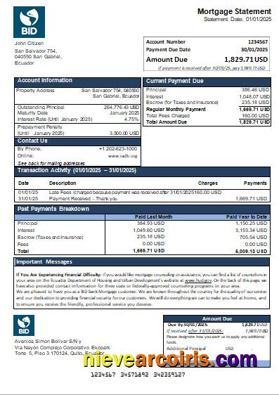 Ecuador BID Bank Mortgage Statement Scr Sample