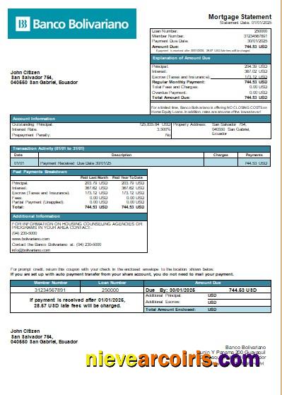 Ecuador Banco Bolivariano Bank Mortgage Statement Scr Preview