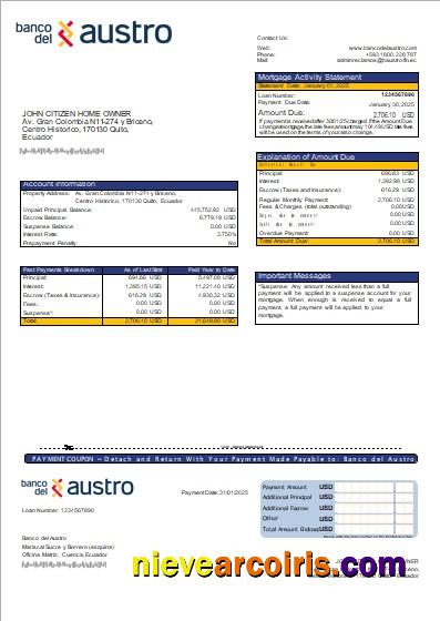 Ecuador Banco Del Austro Bank Mortgage Statement Scr Template