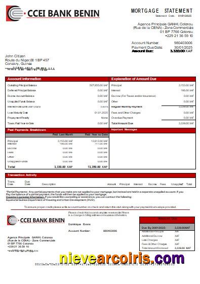 Equatorial Guinea CCEI Bank Benin Bank Mortgage Statement Scr Sample