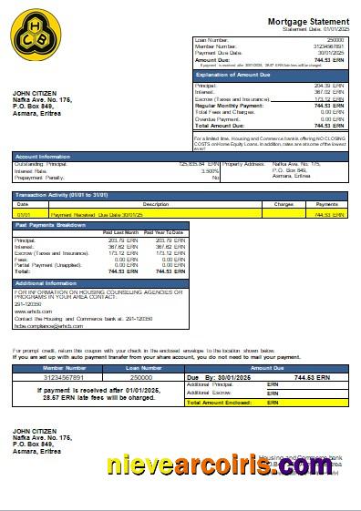 Eritrea Housing And Commerce Bank Mortgage Statement Scr Sample