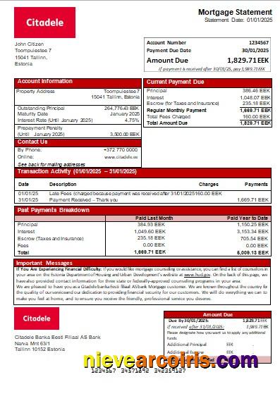 Estonia Citadele Banka Eesti Filiaal AS Bank Mortgage Statement Scr Template