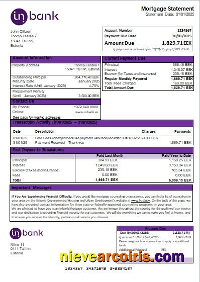 Estonia Inbank Bank Mortgage Statement Scr Sample