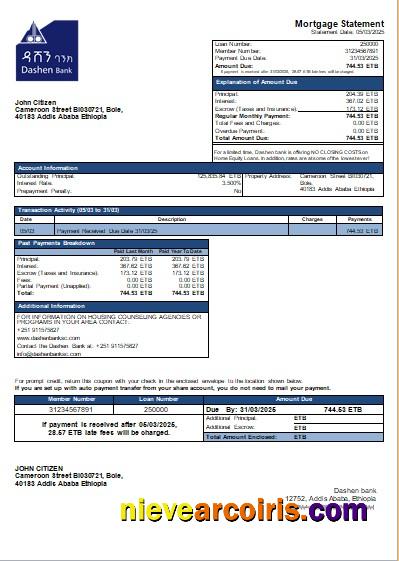 Ethiopia Dashen Bank Mortgage Statement Scr Sample