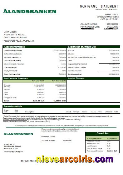 Finland Aland Bank Mortgage Statement Scr Sample
