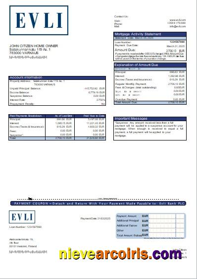 Finland Evli Bank PLC Bank Mortgage Statement Scr Photolook