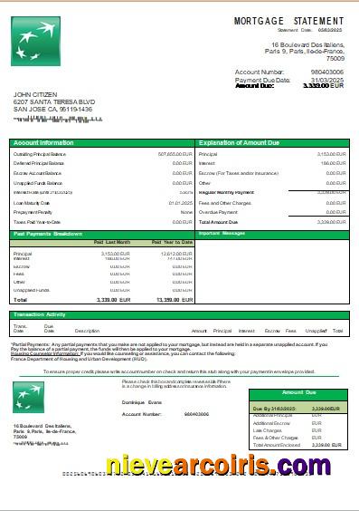 France BNP Bank Mortgage Statement Scr Sample