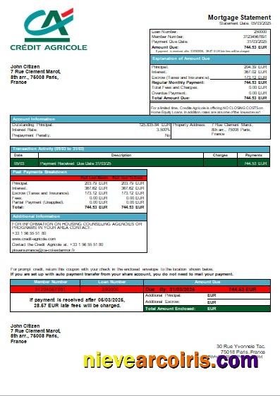 France Credite Agricole Bank Mortgage Statement Scr Template