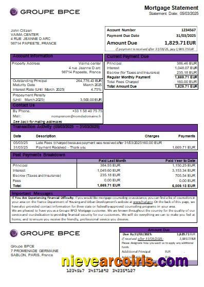 France Groupe BPCE Bank Mortgage Statement Scr Preview