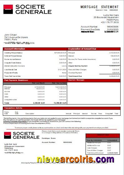 France Société Générale Bank Mortgage Statement Scr Photolook