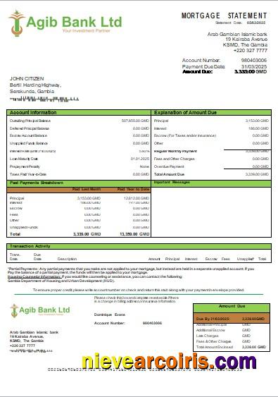 Gambia Arab Gambian Islamic Bank Mortgage Statement Scr Template