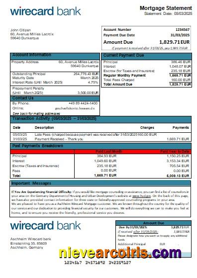 Germany Aschheim Wirecard Bank Mortgage Statement Scr Template