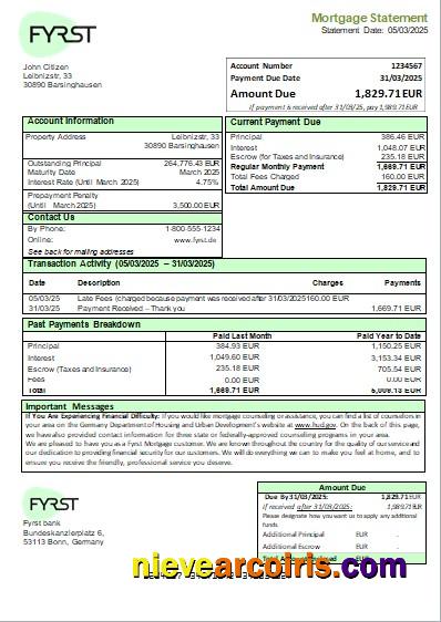 Germany Fyrst Bank Mortgage Statement Scr Template
