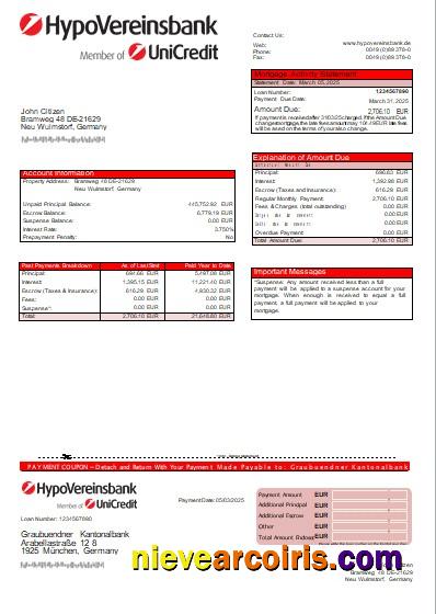 Germany HypoVereinsbank Bank Mortgage Statement Scr Sample