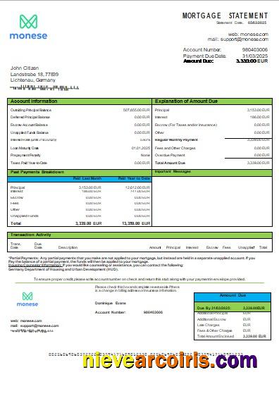 Germany Monese Bank Mortgage Statement Scr Template