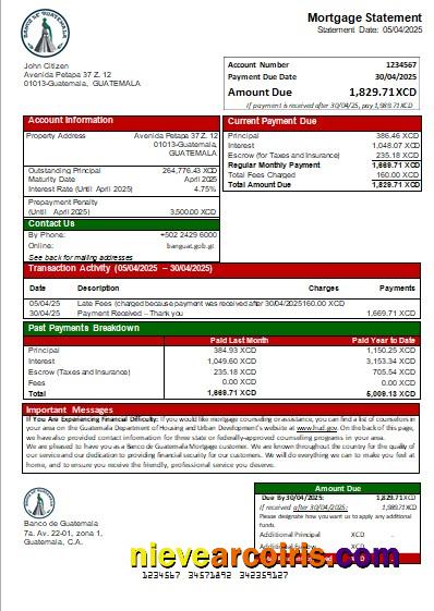 Guatemala Banco De Guatemala Bank Mortgage Statement Scr Template