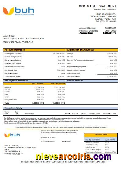 Haiti BUH Bank Mortgage Statement Scr Template
