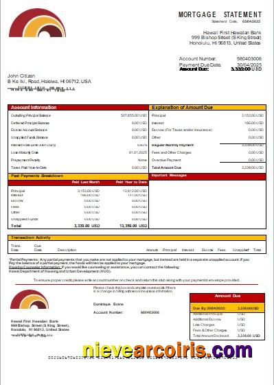 Hawaii First Hawaiian Bank Mortgage Statement Scr Photolook