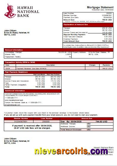 Hawaii Hawaii National Bank Bank Mortgage Statement Scr Preview