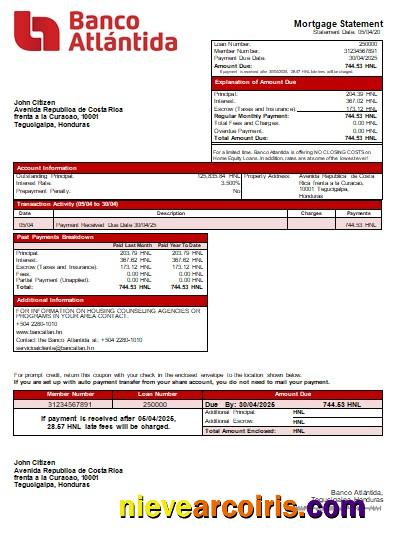 Honduras Banco Atlantida Bank Bank Mortgage Statement Scr Photolook