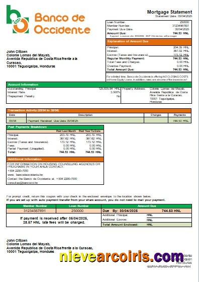 Honduras Banco De Occidente Bank Mortgage Statement Scr Sample