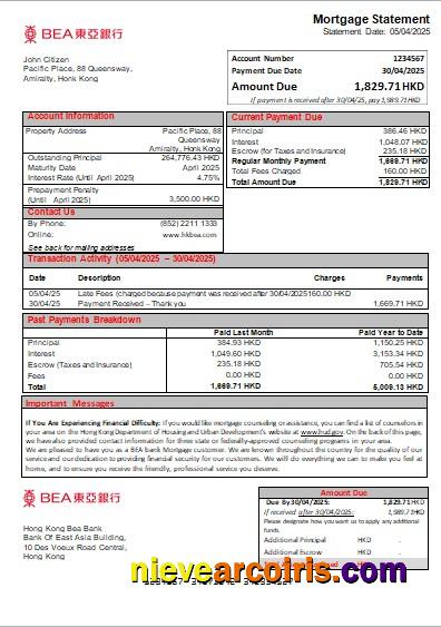 Hong Kong BEA Bank Mortgage Statement Scr Sample