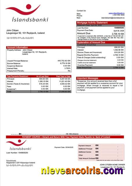 Realistic Iceland Bank Of Iceland (Íslandsbanki) Mortgage Statement Word And PDF Template