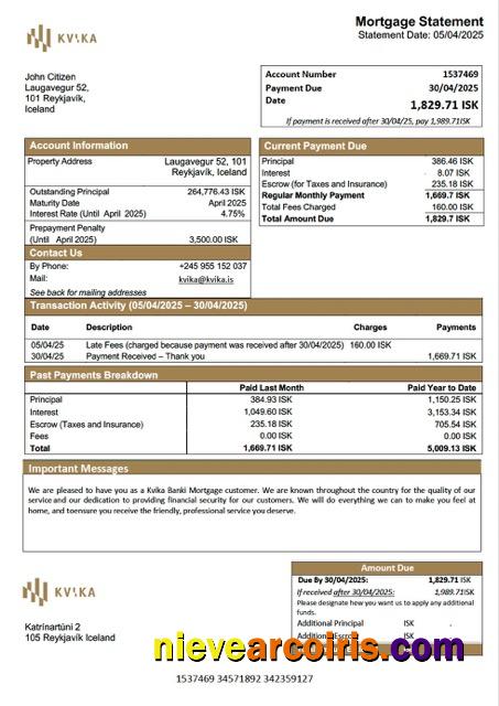 Realistic Iceland Kvika Banki Mortgage Statement Word And PDF Template