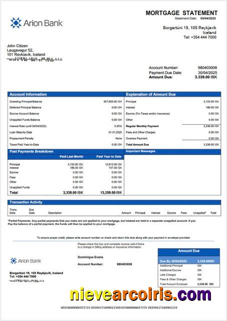 Realistic Iceland Arion Bank Mortgage Statement Word And PDF Template