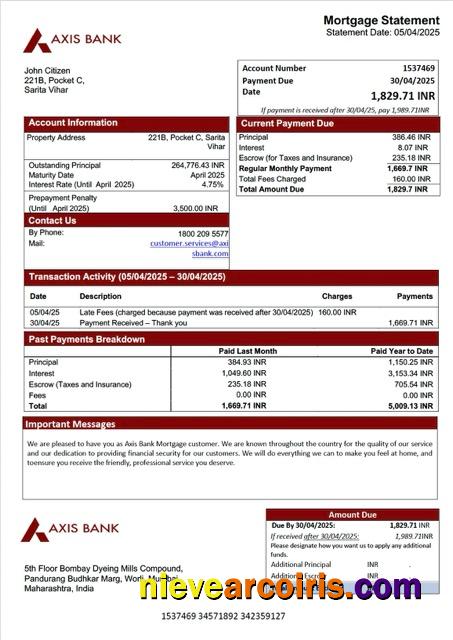 Professional India Axis Bank Mortgage Statement Word And PDF Template