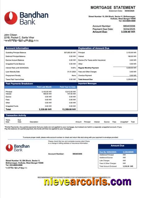 Editable India Bandhan Bank Mortgage Statement Word And PDF Template
