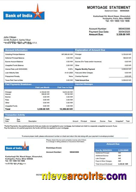 Editable India Bank Of India Mortgage Statement Word And PDF Template